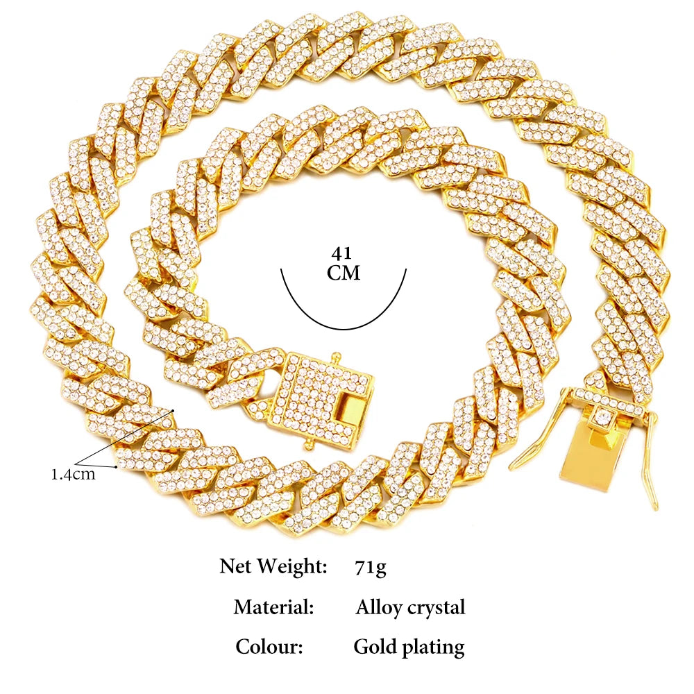 Iced Out Cuban Link Chain 2 Row Diamond Rhombus Prong Cuban