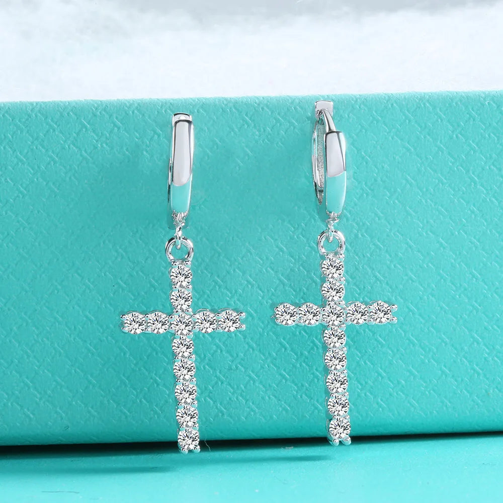 Moissanite silver S925 cross earrings