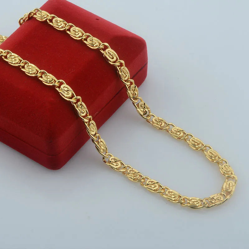 Yellow Gold Color Curb Carving Necklace Link Bracelet Set Jewelry