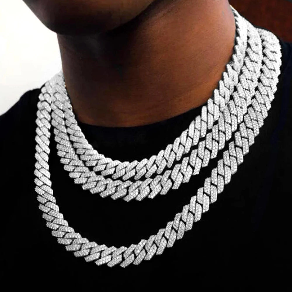 Iced Out Cuban Link Chain 2 Row Diamond Rhombus Prong Cuban