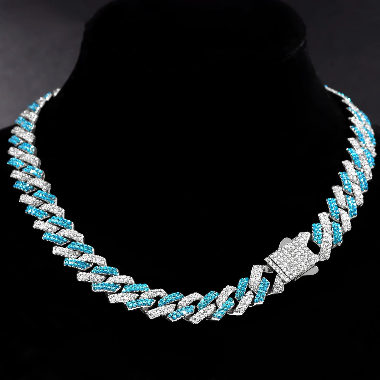 Iced Out Cuban Link Chain Necklace 14MM 2 Row Rhinestone Paved Prong