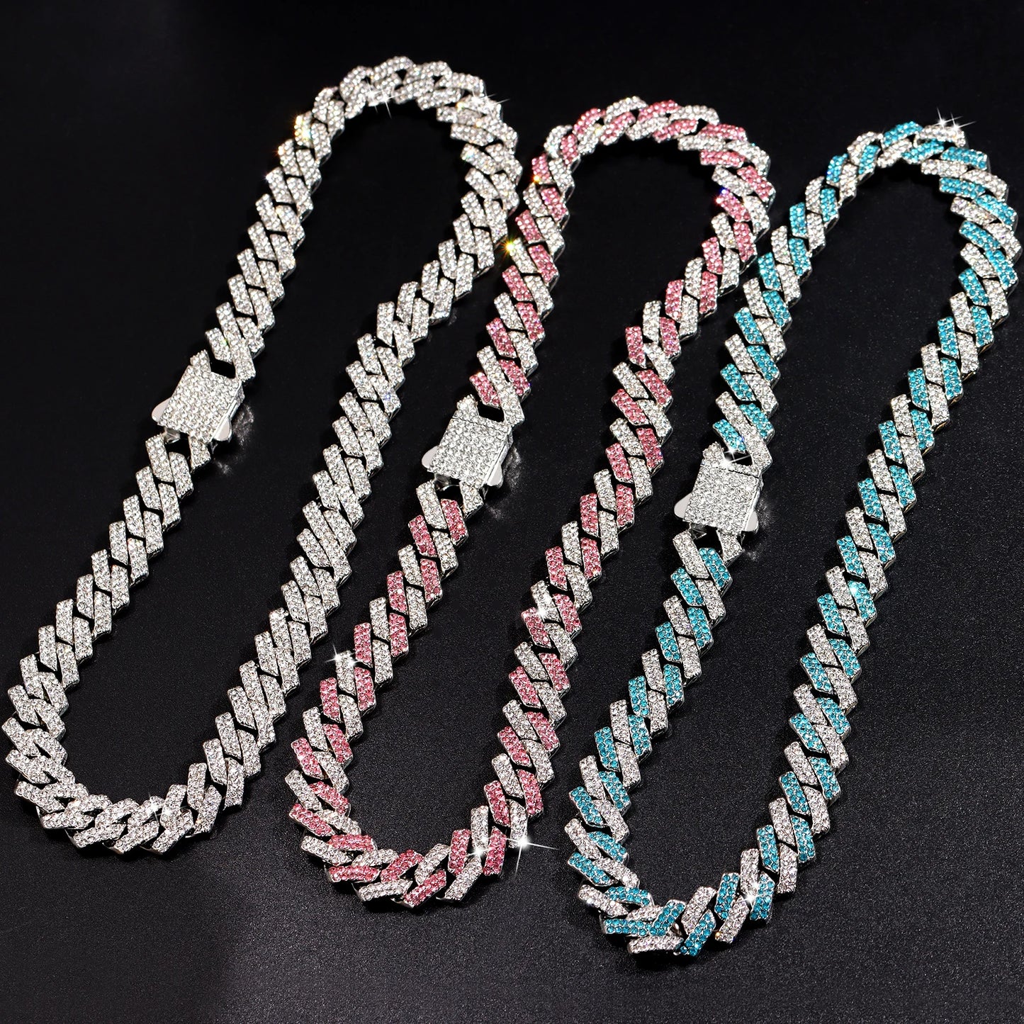 Iced Out Cuban Link Chain Necklace 14MM 2 Row Rhinestone Paved Prong
