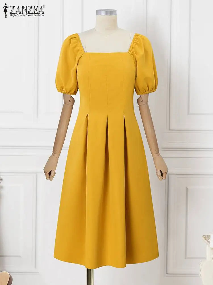 ZANZEA Korean Elegant Long Dress Fashion Puff Short Sleeve Sundress 2024 Summer Swing Robe Holiday Square Collar Waisted Dresses