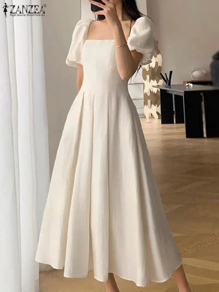 ZANZEA Korean Elegant Long Dress Fashion Puff Short Sleeve Sundress 2024 Summer Swing Robe Holiday Square Collar Waisted Dresses