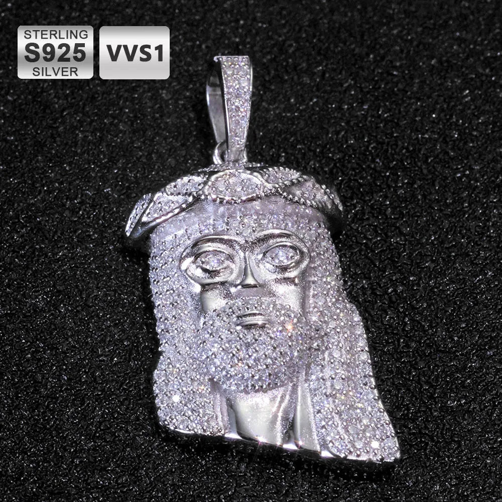 Iced Out Moissanite Jesus Head Pendant Pass Diamond Gold Plated 925 Silver Charm Necklace