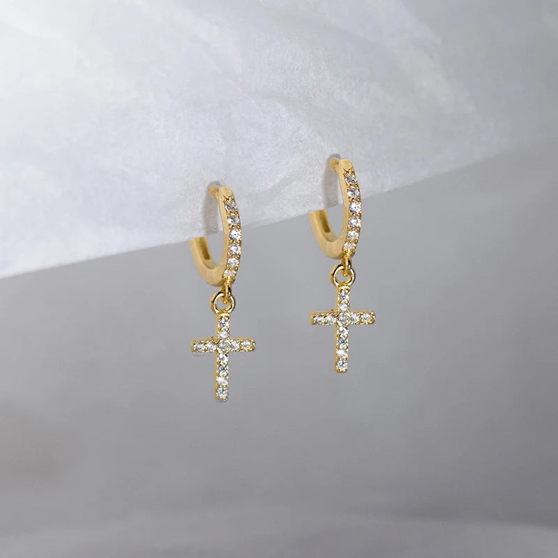 Real 925 Sterling Silver Zircon Cross Pendant Hoop Earring