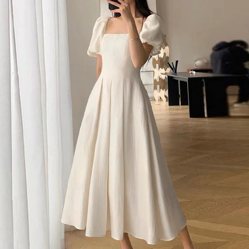 ZANZEA Korean Elegant Long Dress Fashion Puff Short Sleeve Sundress 2024 Summer Swing Robe Holiday Square Collar Waisted Dresses