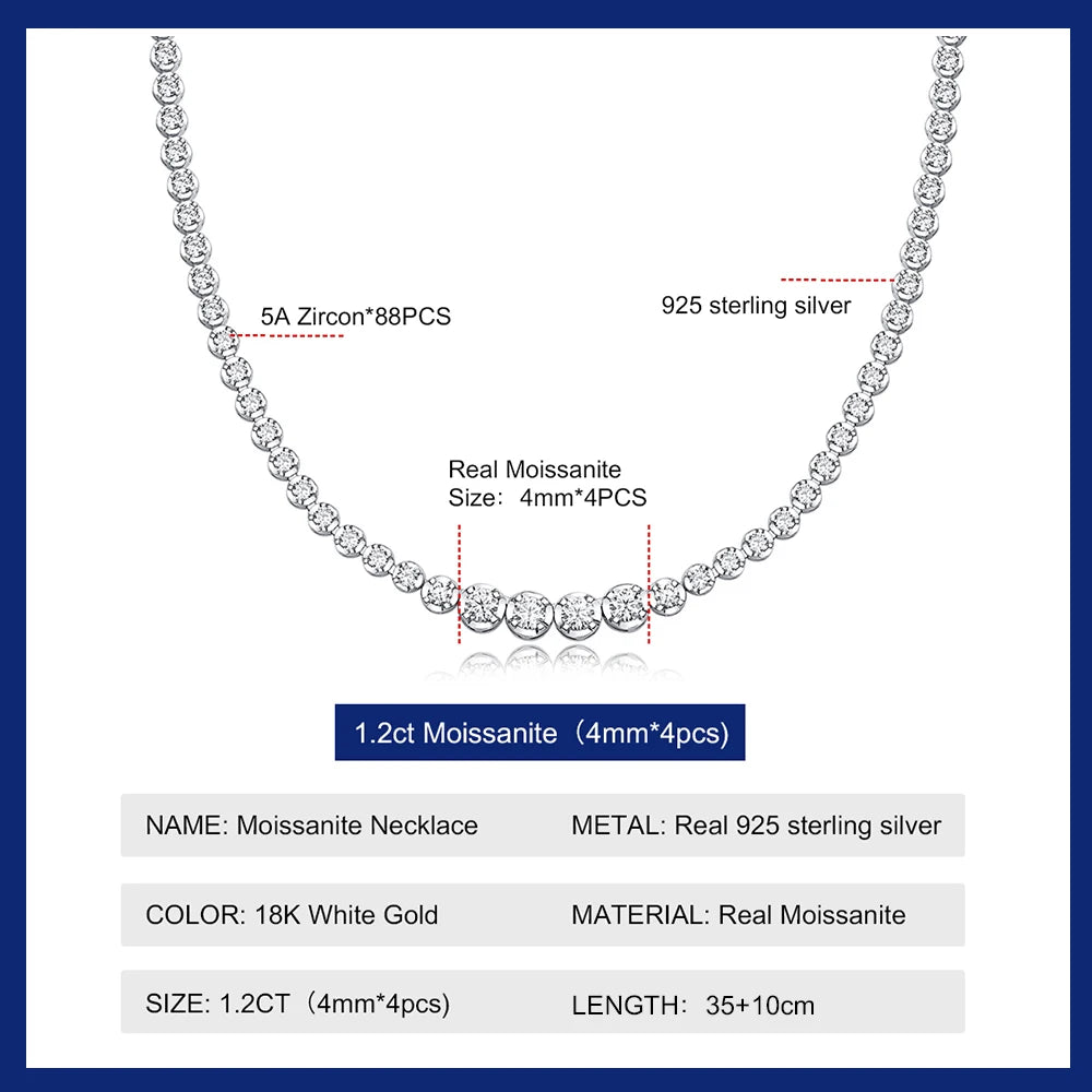 Moissanite Tennis Necklace for Women S925 Sterling Silver Plated Gold 1.2 Carat Diamond Chain