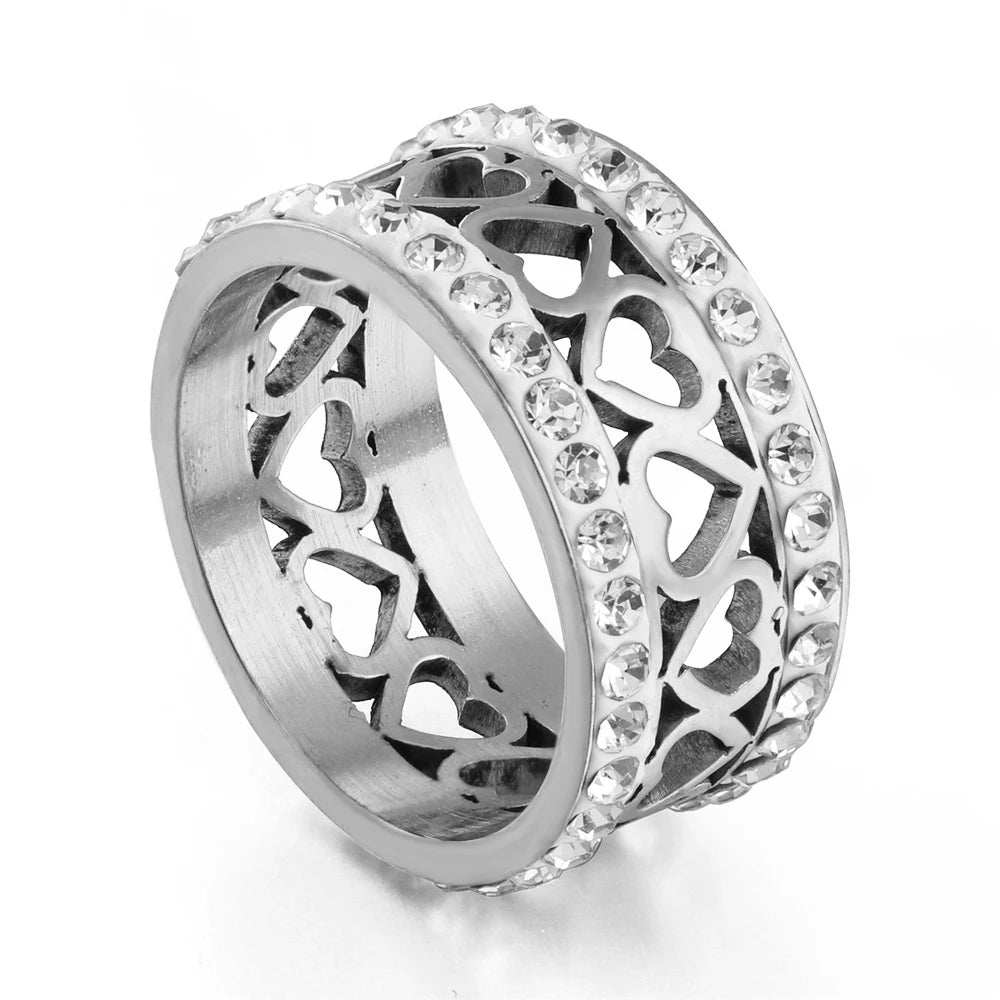 Iced Out Cubic Zircon Heart Ring Stainless Steel Gold Silver
