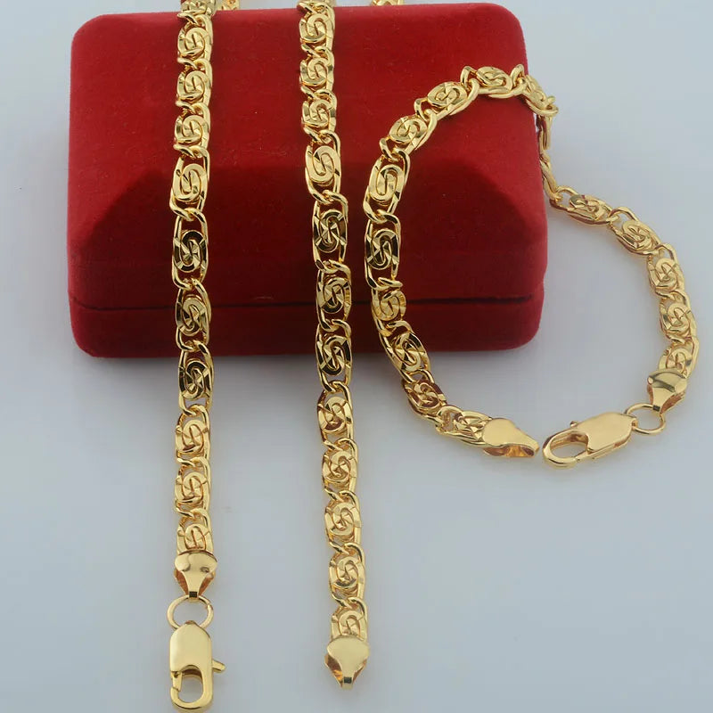 Yellow Gold Color Curb Carving Necklace Link Bracelet Set Jewelry