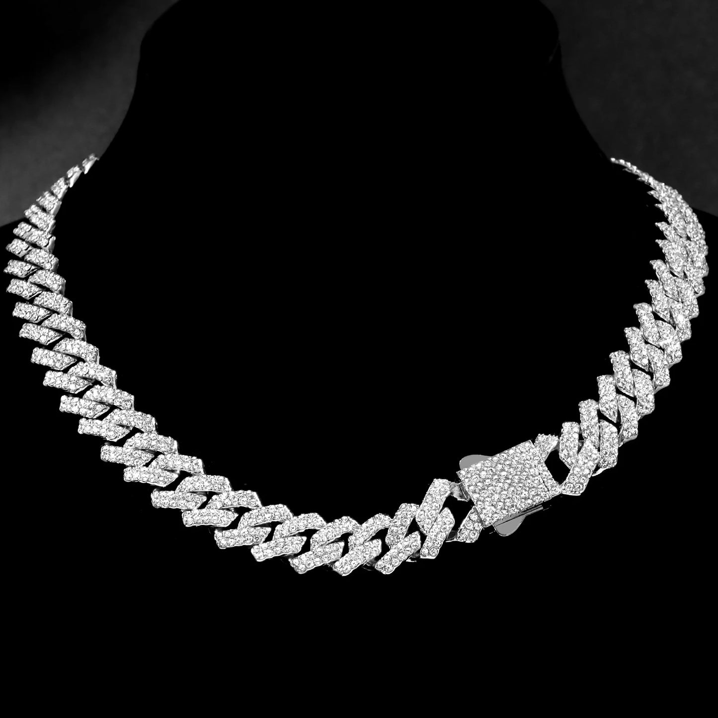 Iced Out Cuban Link Chain Necklace 14MM 2 Row Rhinestone Paved Prong