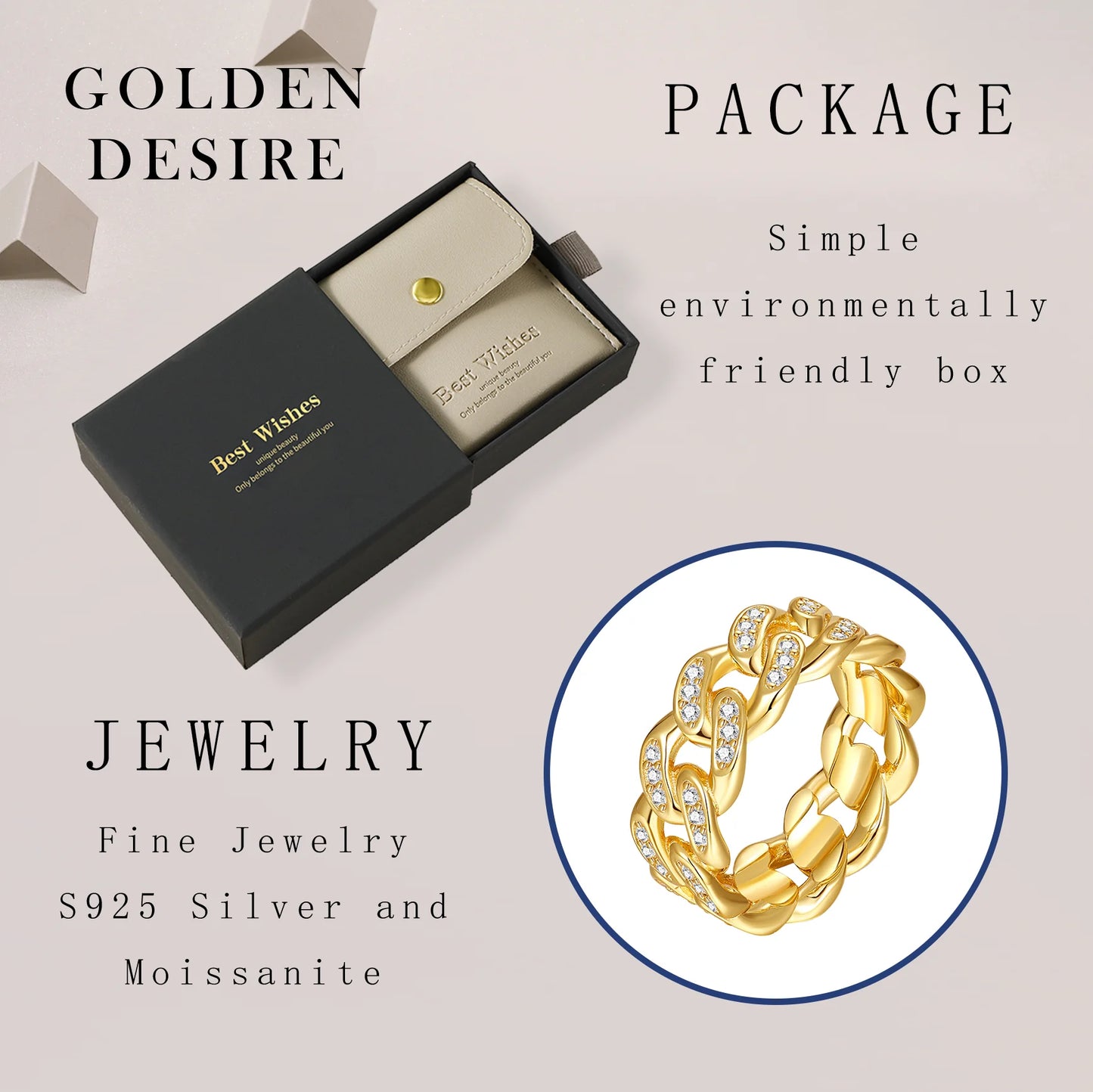 S925 Sterling Silver 18K Gold Plated Moissanite Cuban Chain Ring
