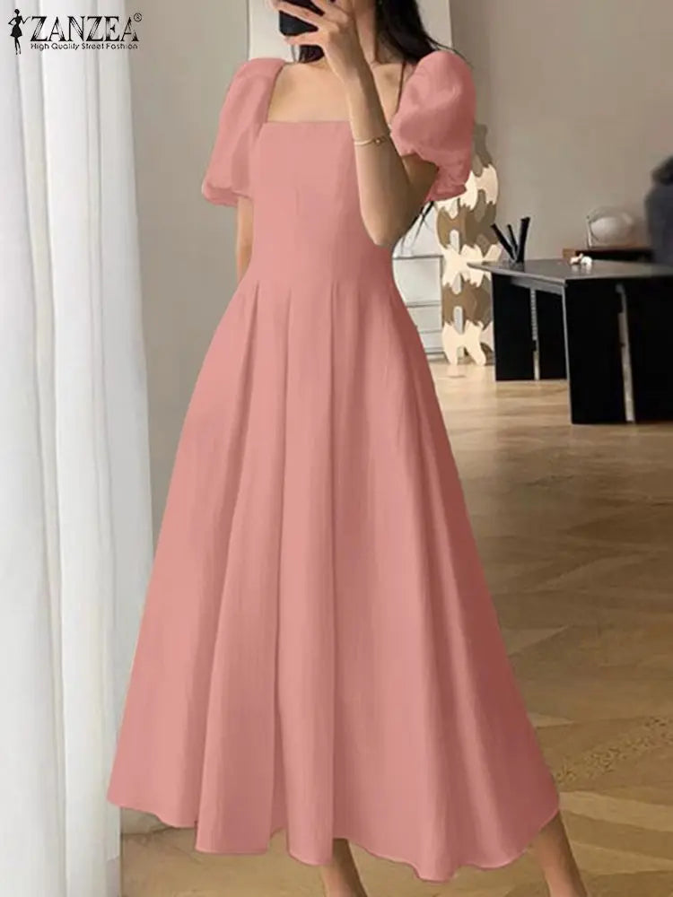 ZANZEA Korean Elegant Long Dress Fashion Puff Short Sleeve Sundress 2024 Summer Swing Robe Holiday Square Collar Waisted Dresses