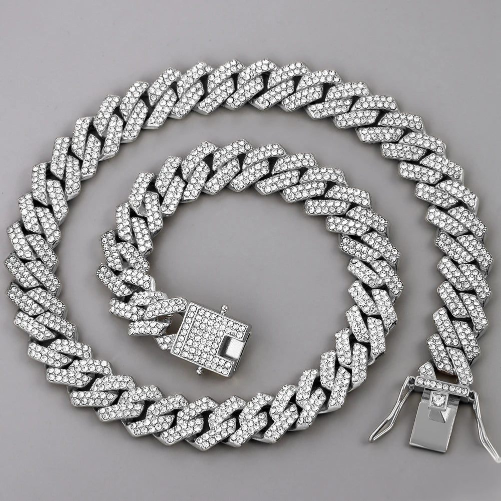 Iced Out Cuban Link Chain 2 Row Diamond Rhombus Prong Cuban