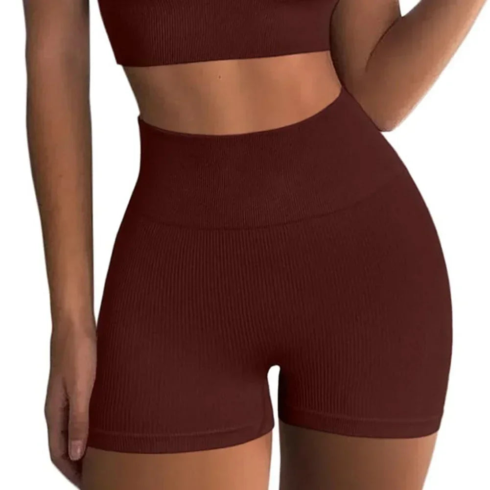 Women Thread Yoga Shorts Sports Seamless High Waist Tights Exercise Run Fitness