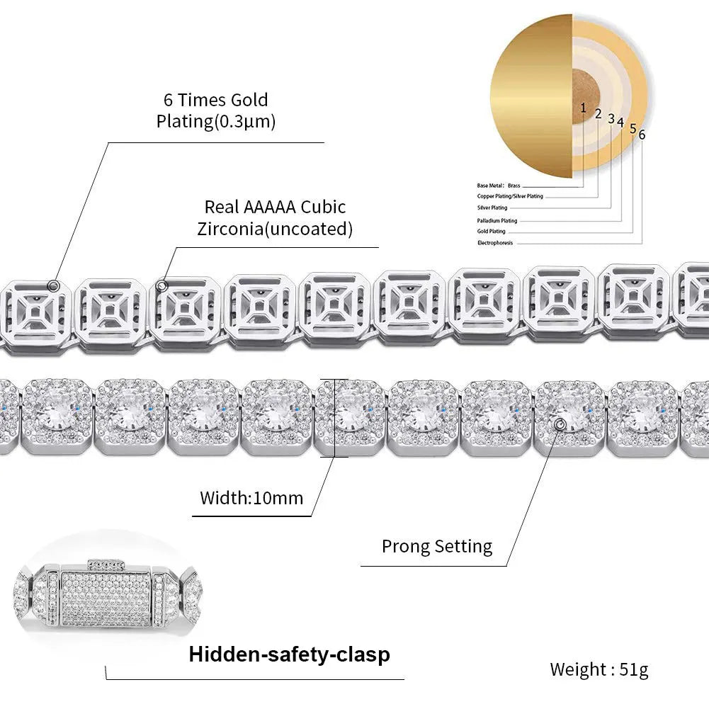 18k Gold Plated Cluster Cubic Zirconia Tennis Chain Bracelet 12mm