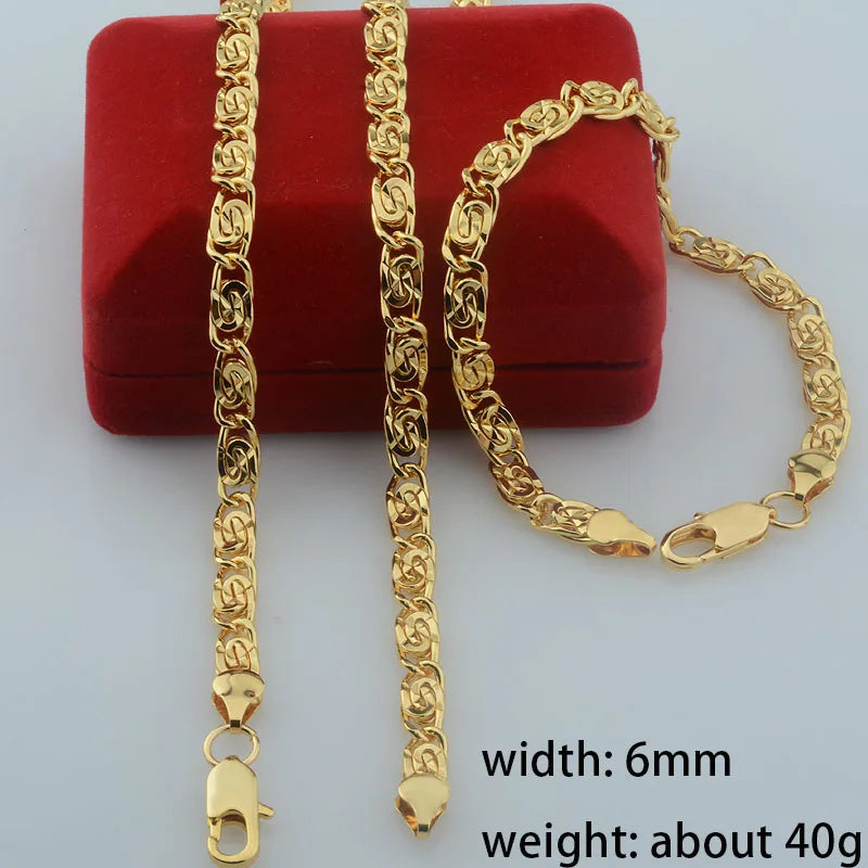 Yellow Gold Color Curb Carving Necklace Link Bracelet Set Jewelry