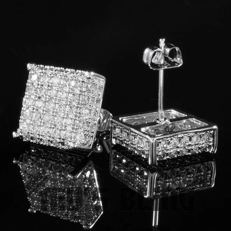 Gold / Silver Color Iced AA Zirconia Square Stud Earrings