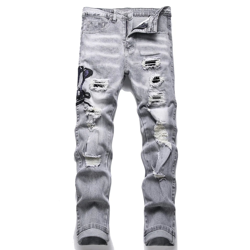 Men Snake Embroidery Gray Denim Jeans Streetwear Holes Ripped Distressed Stretch Pants Embroidered Slim Straight Trousers