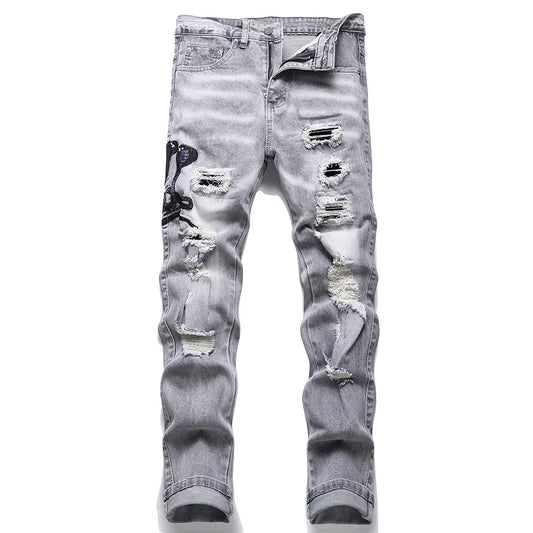Men Snake Embroidery Gray Denim Jeans Streetwear Holes Ripped Distressed Stretch Pants Embroidered Slim Straight Trousers