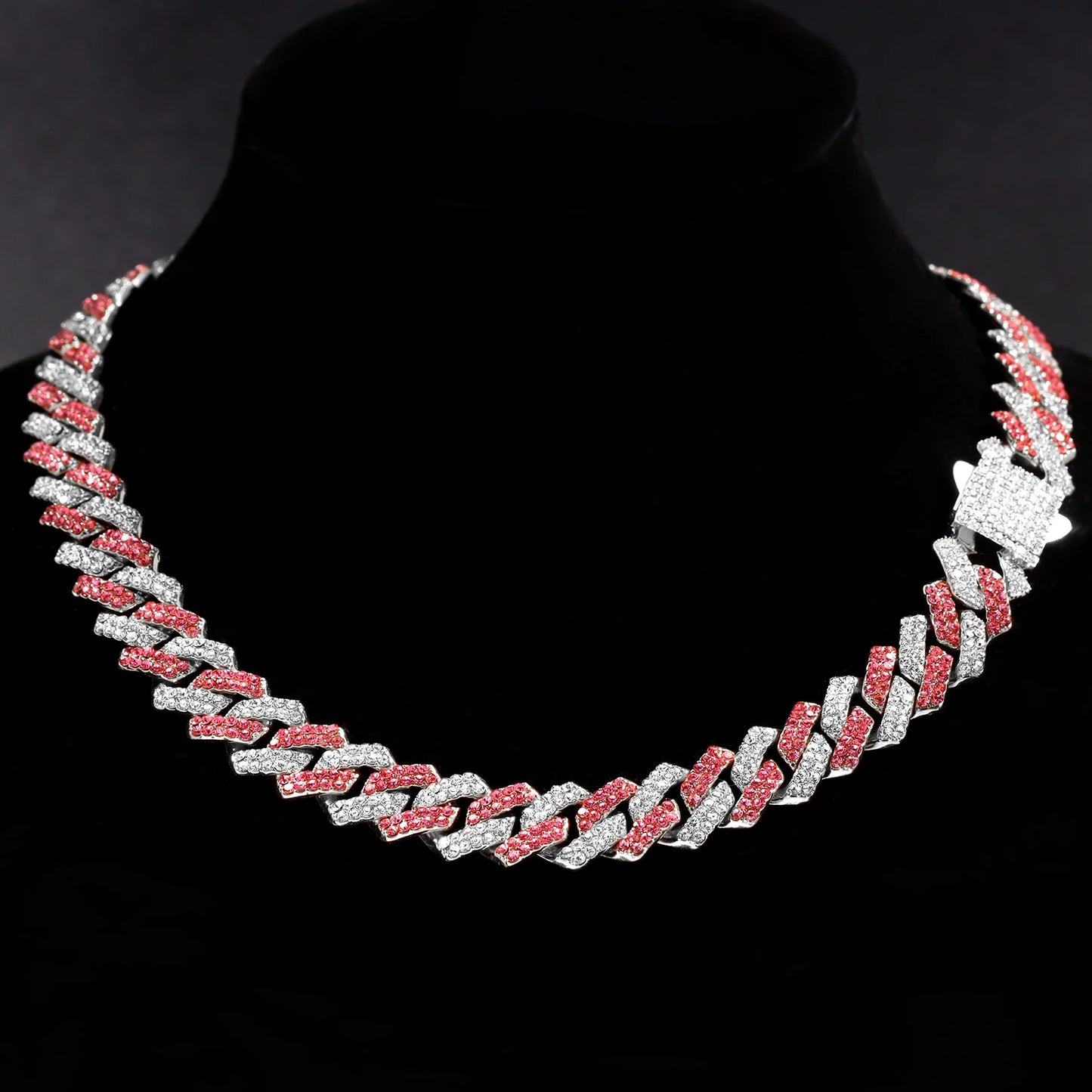Iced Out Cuban Link Chain Necklace 14MM 2 Row Rhinestone Paved Prong