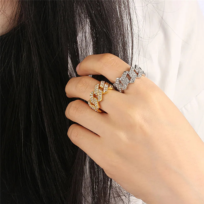 Iced Out Cuban Link Chain Ring Gold Plated, CZ Simulated Zircon