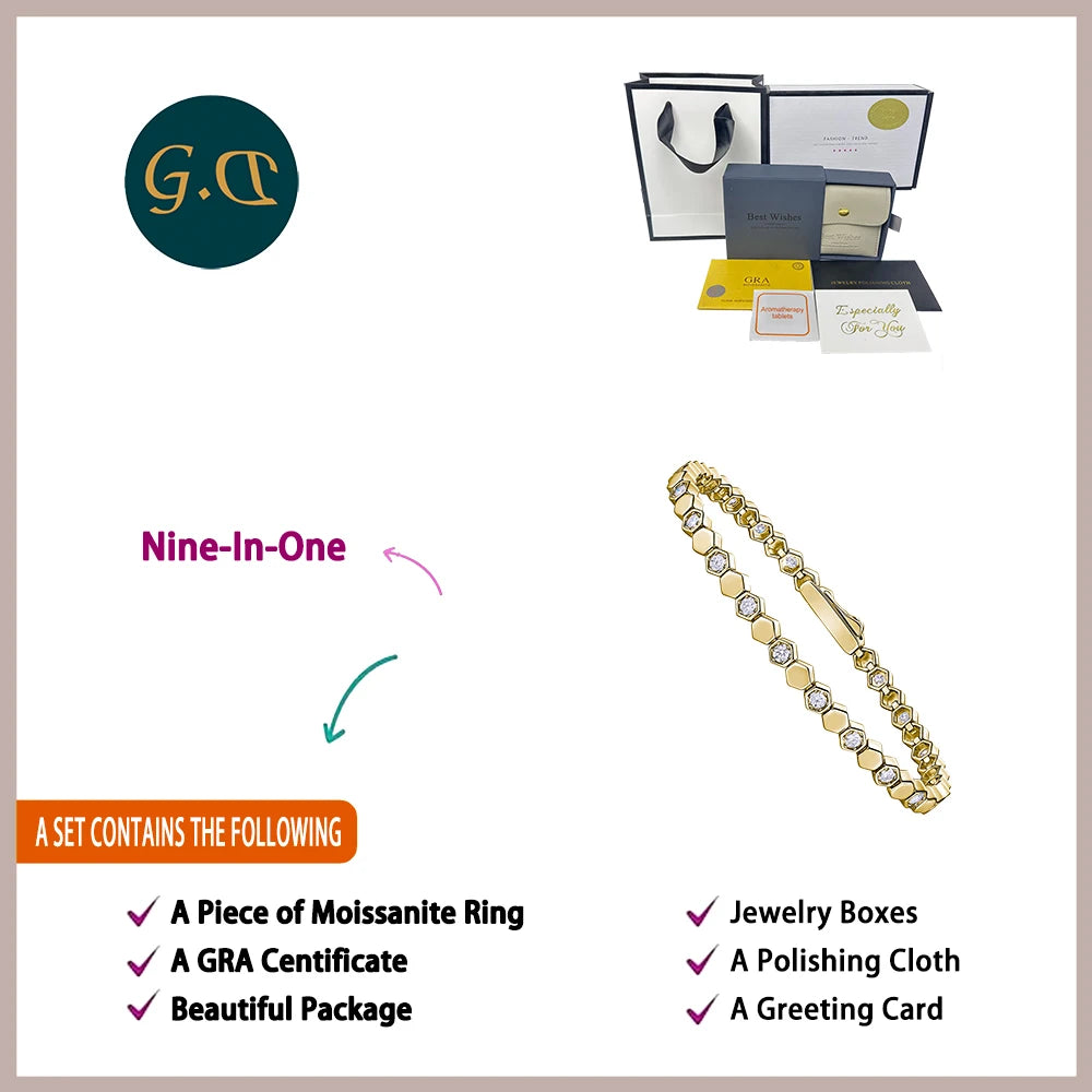 925 Sterling Silver 14K Gold Plated Moissanite Hexagon Tennis Bracelet