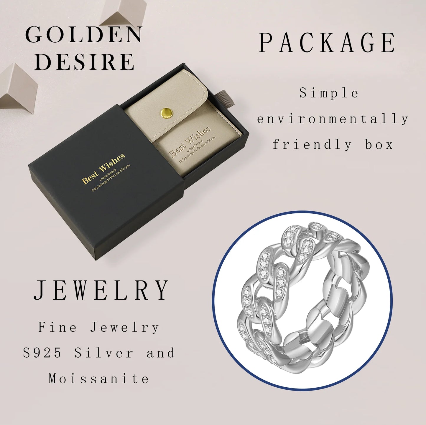 S925 Sterling Silver 18K Gold Plated Moissanite Cuban Chain Ring