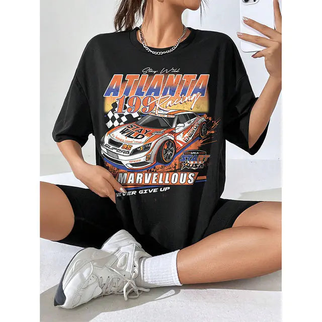 Women's Cotton Race Car Graphic T-Shirt, Short Sleeve