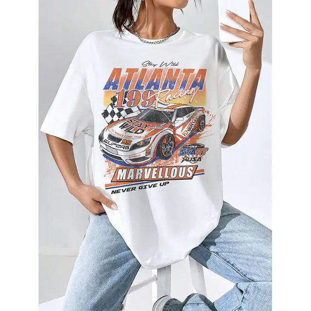 Women's Cotton Race Car Graphic T-Shirt, Short Sleeve