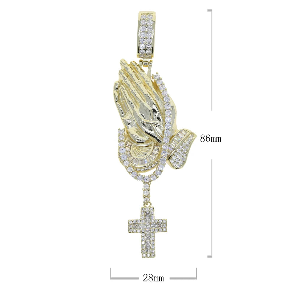 5A Cubic Zirconia Praying Hands Cross Pendant Necklaces For Men