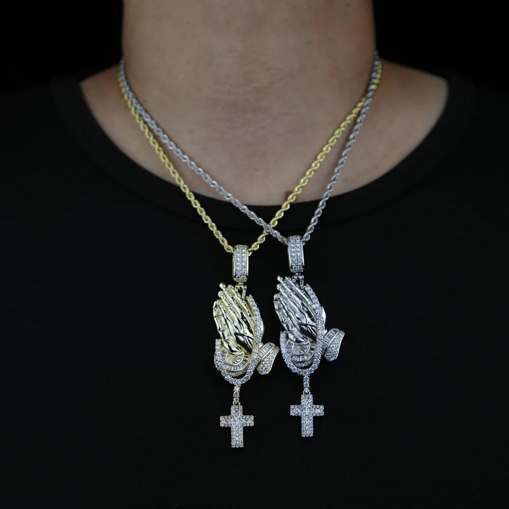 5A Cubic Zirconia Praying Hands Cross Pendant Necklaces For Men