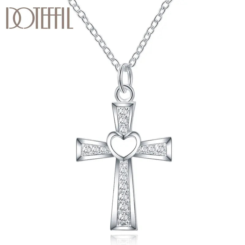 925 Sterling Silver 18 Inch Chain Cross Heart Necklace