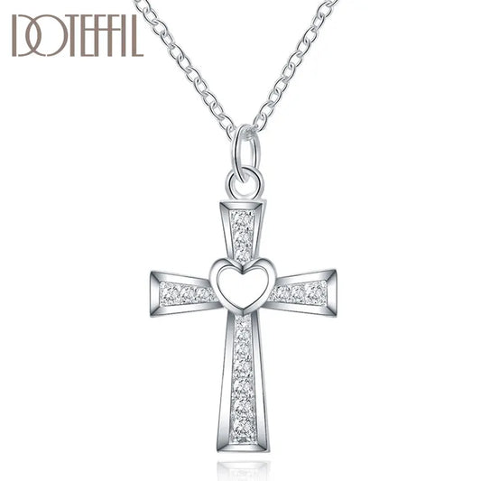 925 Sterling Silver 18 Inch Chain Cross Heart Necklace