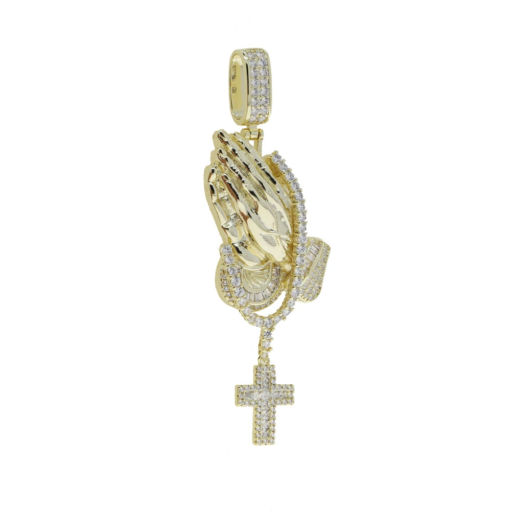 5A Cubic Zirconia Praying Hands Cross Pendant Necklaces For Men