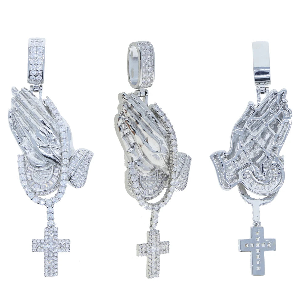 5A Cubic Zirconia Praying Hands Cross Pendant Necklaces For Men