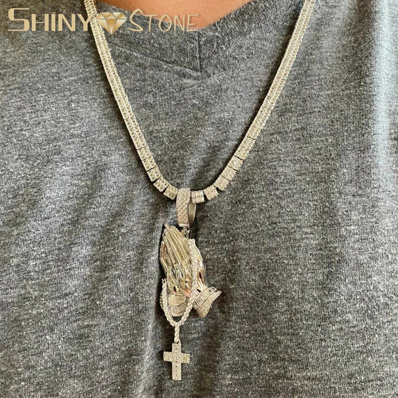 5A Cubic Zirconia Praying Hands Cross Pendant Necklaces For Men