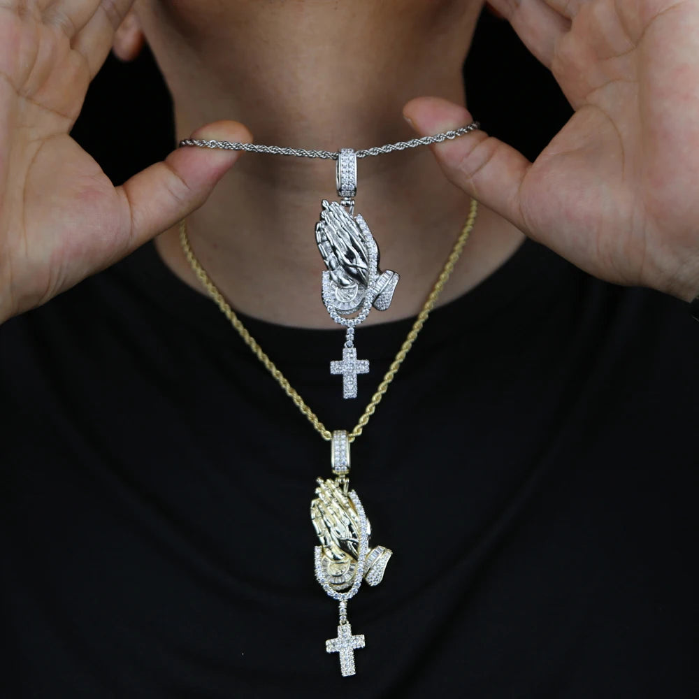 5A Cubic Zirconia Praying Hands Cross Pendant Necklaces For Men