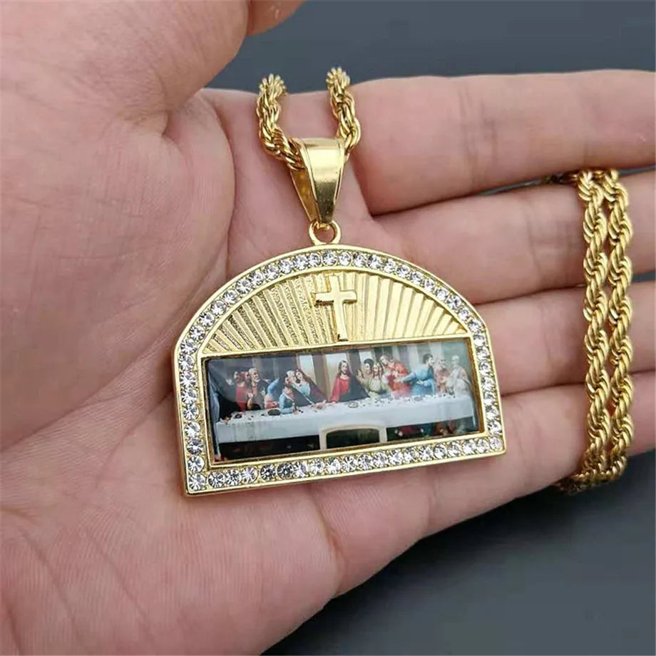 Iced Out The Last Supper Pendant Necklace Gold Color Stainless Steel