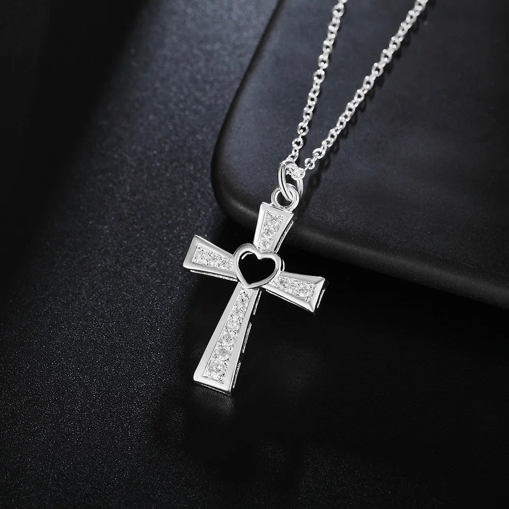 925 Sterling Silver 18 Inch Chain Cross Heart Necklace