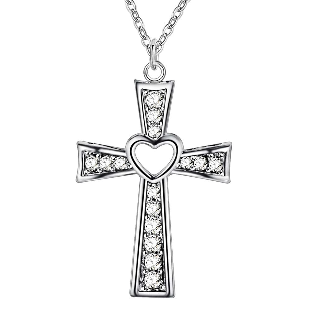 925 Sterling Silver 18 Inch Chain Cross Heart Necklace