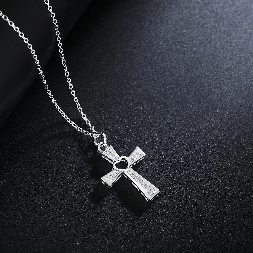 925 Sterling Silver 18 Inch Chain Cross Heart Necklace