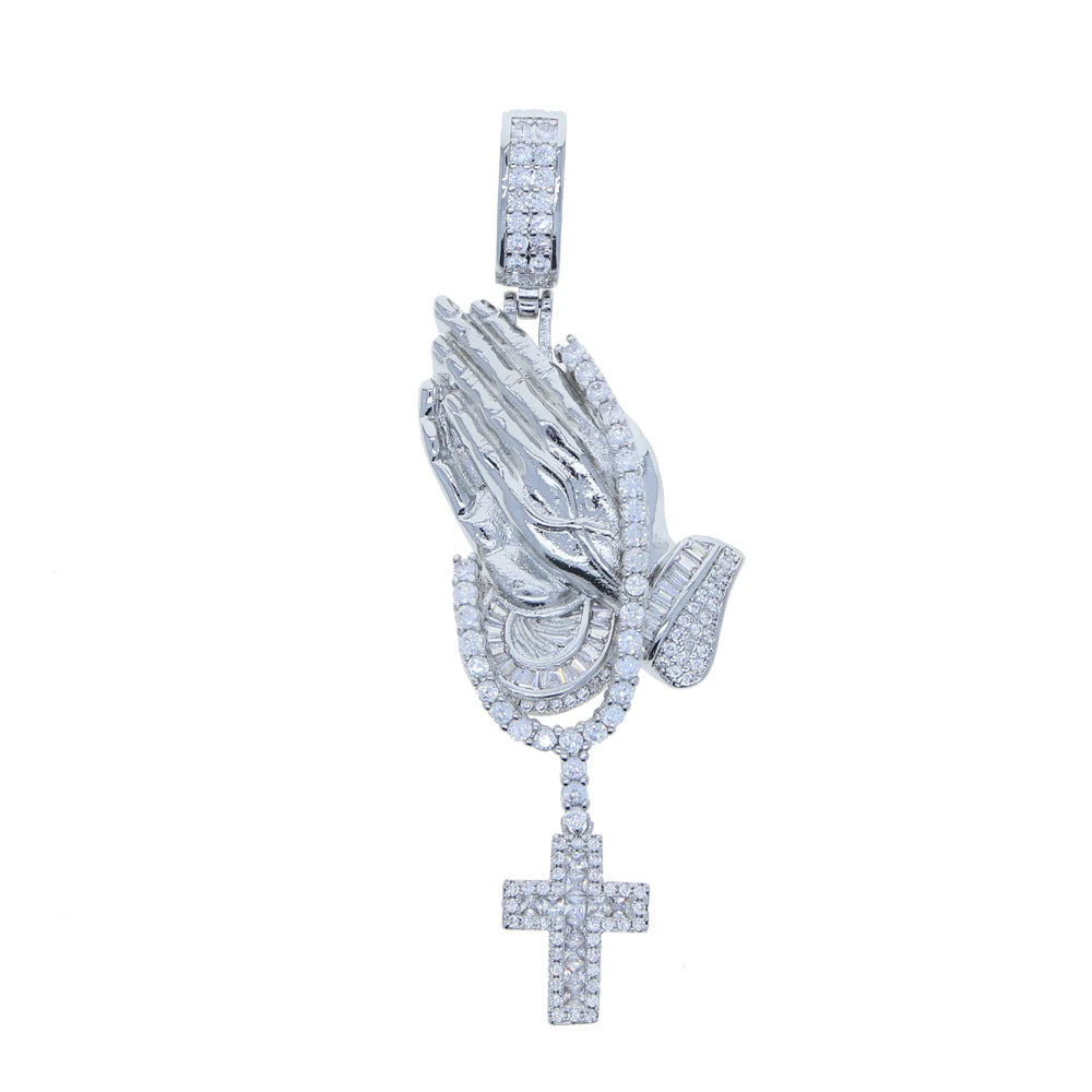 5A Cubic Zirconia Praying Hands Cross Pendant Necklaces For Men