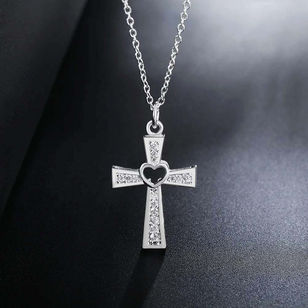 925 Sterling Silver 18 Inch Chain Cross Heart Necklace