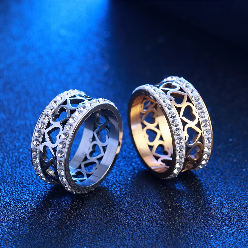Iced Out Cubic Zircon Heart Ring Stainless Steel Gold Silver