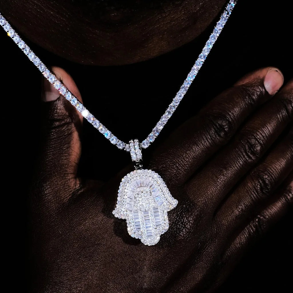 Iced Out Baguette CZ Hamsa Hand Pendant with Tennis/Rope Chain Necklaces for Men