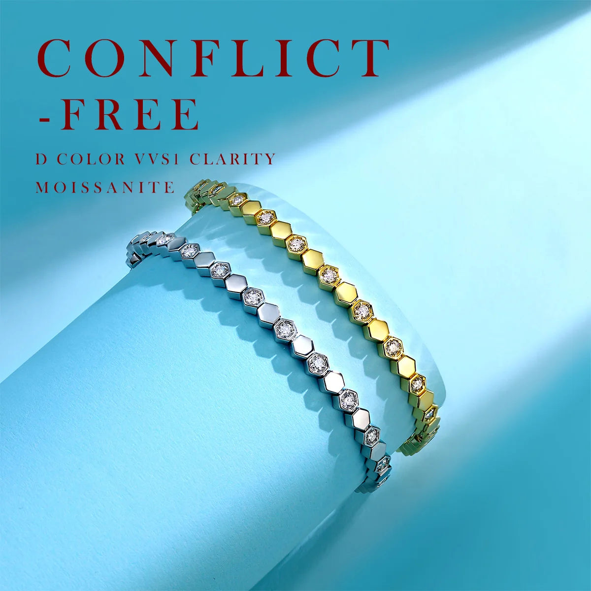 925 Sterling Silver 14K Gold Plated Moissanite Hexagon Tennis Bracelet