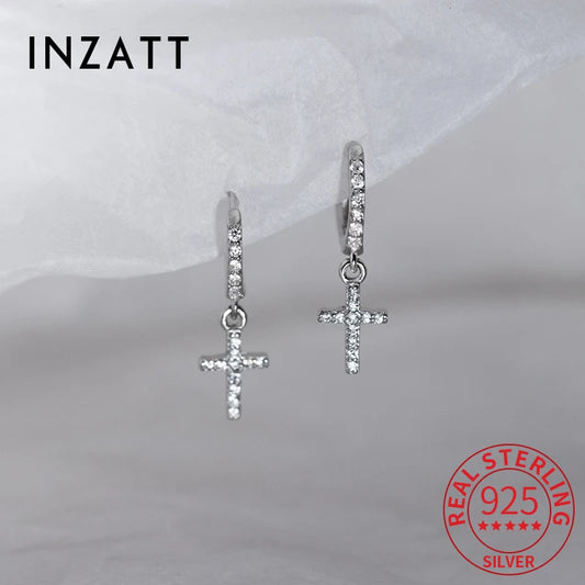 Real 925 Sterling Silver Zircon Cross Pendant Hoop Earring