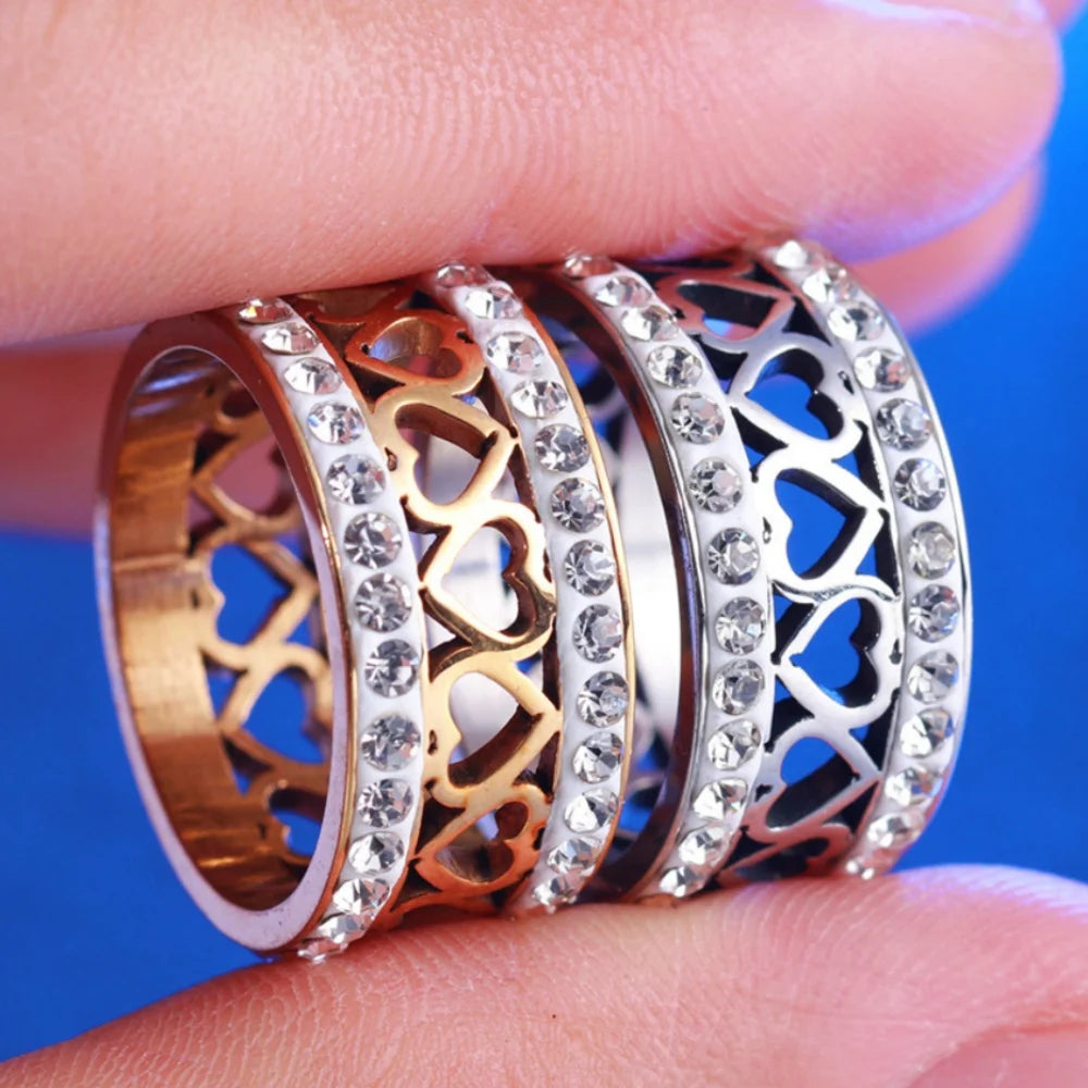 Iced Out Cubic Zircon Heart Ring Stainless Steel Gold Silver