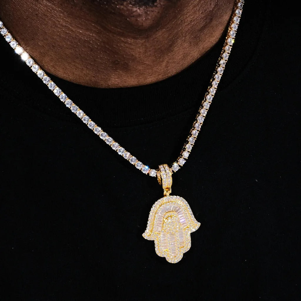 Iced Out Baguette CZ Hamsa Hand Pendant with Tennis/Rope Chain Necklaces for Men